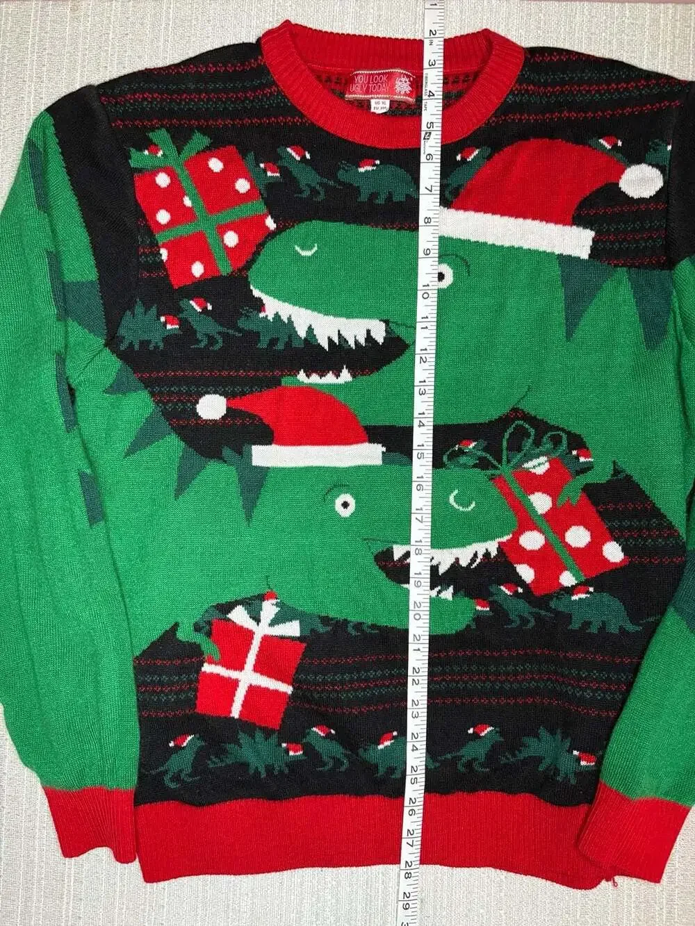 You Look Ugly Today Dinosaur Christmas Sweater with Santa Hats and Presents